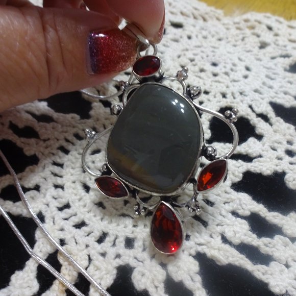 Natural "BLOODSTONE AGATE & RUBY" Handmade Sterling Pendant/Chain 20" #146B - Picture 2 of 3